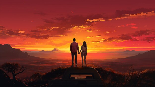 Romantic Couple Relax Time Widok na zachód słońca