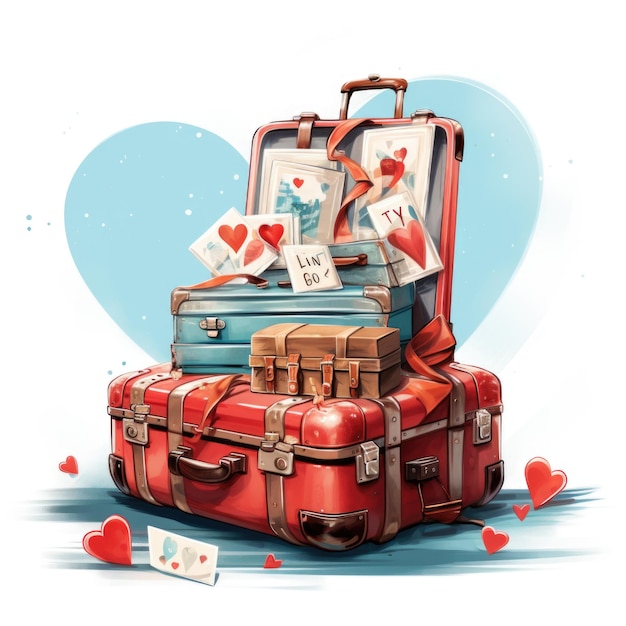 Romantic holiday theme suitcase and love signs Travelling vacation illustrationDigital asset and re