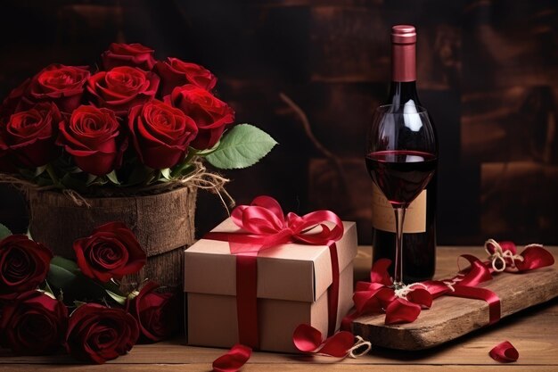 Romantic valentine39s dzień kolacja wino czerwone róże prezent i dwa kieliszki zbliżenie na drewnianej powierzchni