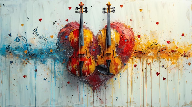 Romantic Violin Artwork Kolorowy abstrakcyjny obraz dwóch skrzypiec tworzących serce z nutą muzyczną