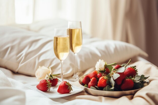 Zdjęcie romantyczna aranżacja szampana i truskawki