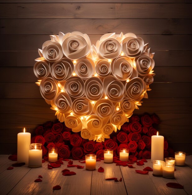 Zdjęcie romantyczna atmosfera czerwone serce wypełnione świecami i różami