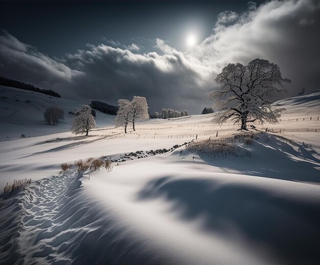 Zdjęcie romantyczna biała śnieżna ścieżka w zimowym krajobrazie oświetlona porannym słońcem stworzona przez generatywną sztuczną inteligencję
