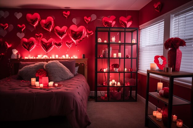 Zdjęcie romantyczna dekoracja sypialni na święto walentynek