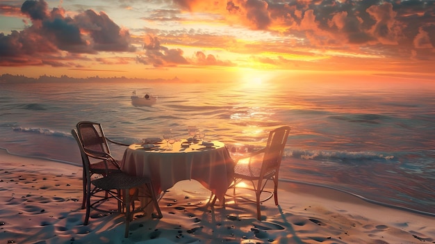 Romantyczna ilustracja na plaży przedstawiająca stół i krzesła przy zachodzie słońca