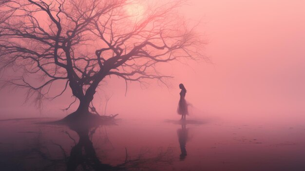 Zdjęcie romantyczna ilustracja przypominająca sen o kobiecie stojącej w różowej mgle