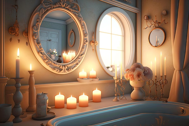 Romantyczna jasna łazienka ze świecami i szkłem powiększającym w pokoju stworzonym za pomocą generatywnej ai