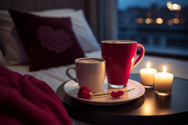 Romantyczna kawa w pokoju hotelowym na Walentynki Przytulny poranek