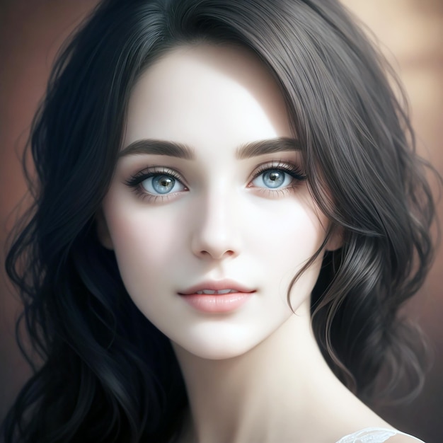 Romantyczna kobieta z szerokimi oczami, dobrym nosem, długimi kolorowymi włosami.