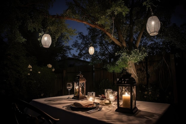 Romantyczna kolacja dla dwojga na świeżym powietrzu przy świetle księżyca i lampionach stworzona za pomocą generatywnej sztucznej inteligencji