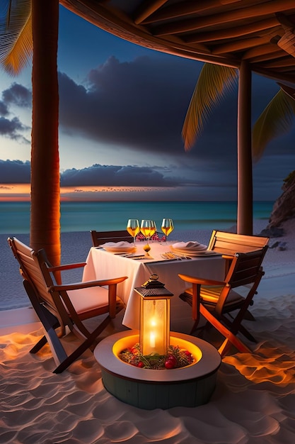 Romantyczna kolacja na plaży Wino dwa kieliszki kolacja miesiąc miodowy