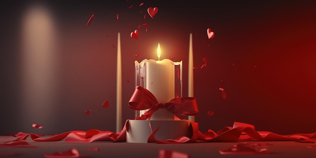 Romantyczna kompozycja zdjęć z płonącą świecą latające serca czerwone płatki i wstążka na stole