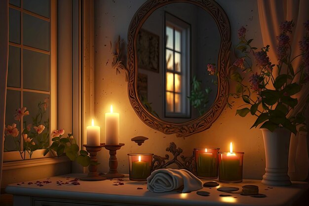 Romantyczna letnia noc w łazience ze świecami i lustrem stworzona za pomocą generative ai