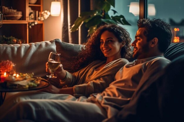 Romantyczna młoda para relaksująca się w domu i pijąca czerwone wino Generative AI