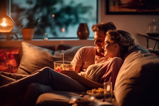 Romantyczna młoda para relaksująca się w domu i pijąca czerwone wino Generative AI