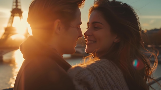 Romantyczna para ciesząca się zachodem słońca w pobliżu wieży Eiffla intymny i przytulny moment uchwycony w ciepłym, szczerym stylu tematem miłości i podróży AI