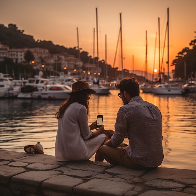 romantyczna para o zachodzie słońca relaksująca się na promenadzie i oglądająca wieczorem piękne morze śródziemne