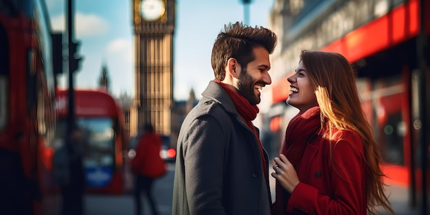 Romantyczna para obejmująca w Londynie motyw miłości i podróży w środowisku miejskim, skupiająca się na radosnych chwilach AI