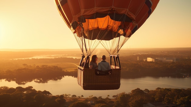 Romantyczna para siedząca w kolorowym balonie na gorące powietrze wysoko nad ziemią