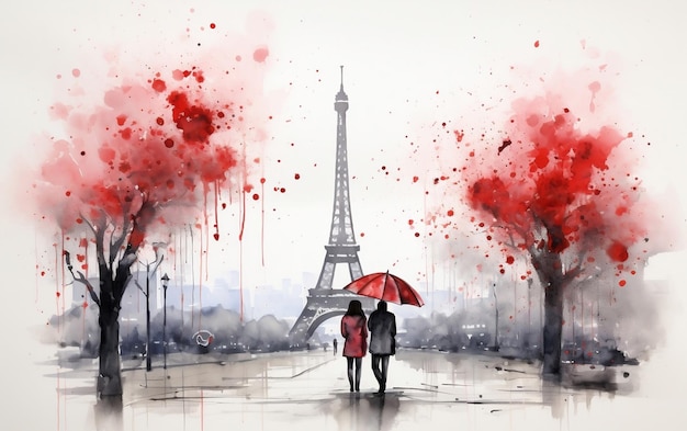Romantyczna para spacerująca pod wieżą Eiffla w deszczowy dzień z czerwonym parasolem Generacyjna sztuczna inteligencja