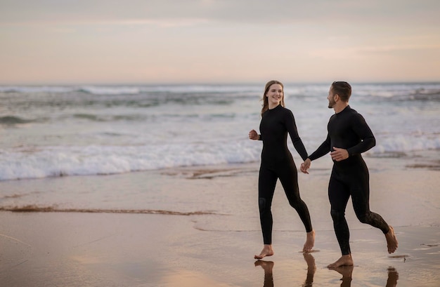 Romantyczna para surferów biegająca razem wzdłuż plaży