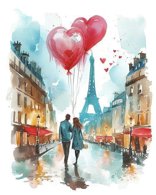 Romantyczna para z balonami w kształcie serca ciesząca się widokiem na Paryż ilustracja