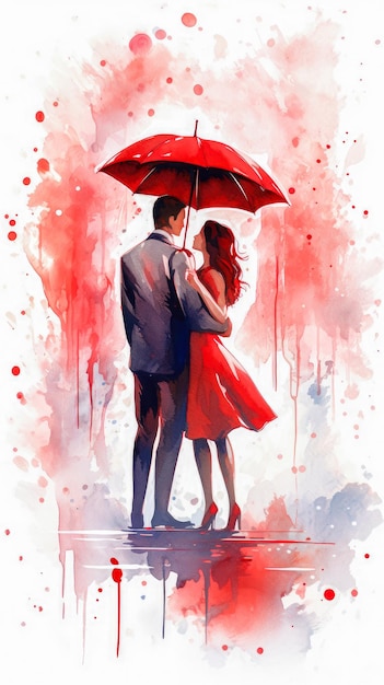 Romantyczna para zakochana pod parasolem obraz akwarelowy