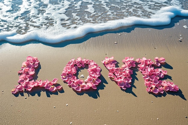 Zdjęcie romantyczna plaża płatków róż miłości na szerokiej pragmie wybrzeża