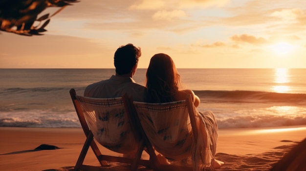 Romantyczna scena pary przytulającej się na krześle na plaży podczas oglądania fal
