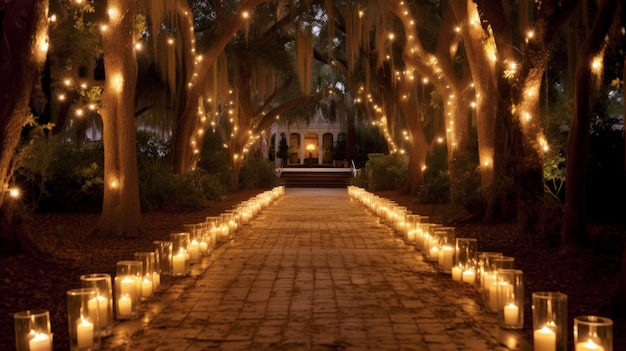 Romantyczna ścieżka przy świecach wygenerowana przez sztuczną inteligencję