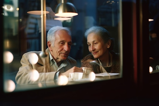 Romantyczna starsza para siedząca przy stoliku barowym o zmierzchu Generacyjna sztuczna inteligencja