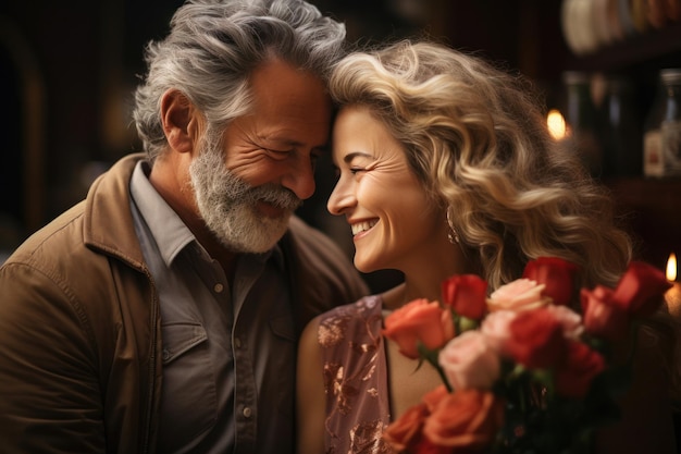 Romantyczna szczęśliwa starsza dorosła dojrzała klasyczna para uściskająca się i uśmiechnięta łącząca się myśląc o dobrej przyszłości beztroski wesoły w średnim wieku stary mąż obejmujący zakochaną żonę