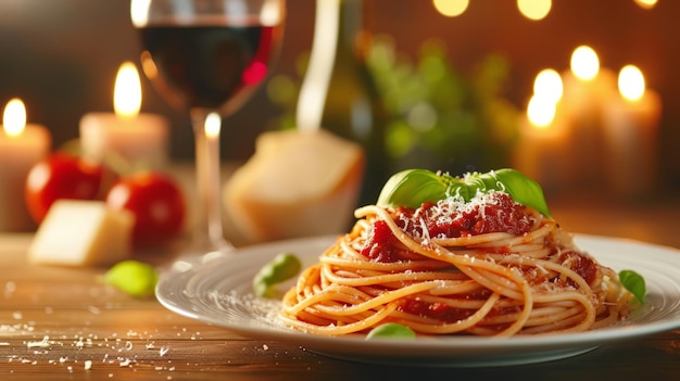 Romantyczna włoska kolacja z makaronem i czerwonym winem