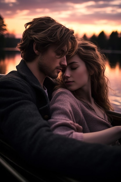 Romantyczna zdjęcie pary w łodzi na jeziorze