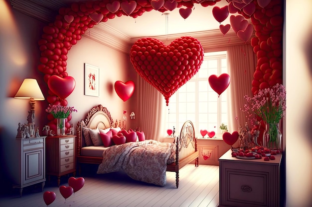 Zdjęcie romantyczne balony w kształcie serca i dekoracje w pokoju urządzonym walentynkowo
