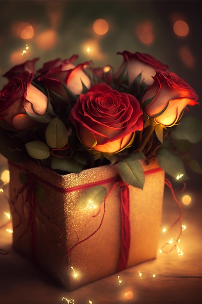Romantyczne czerwone róże w pudełku, generatywna ai