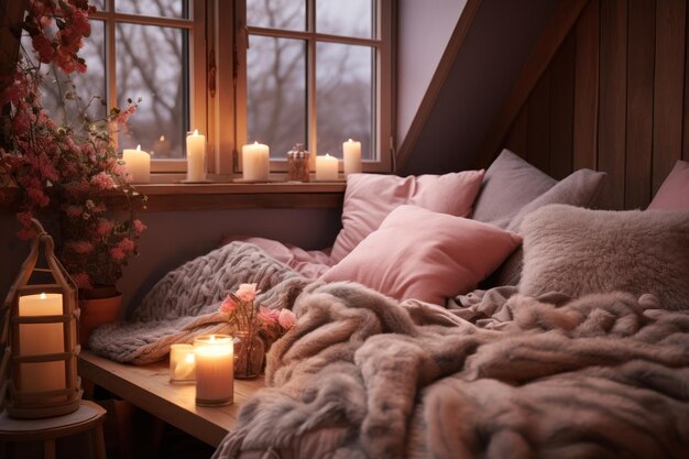 Zdjęcie romantyczne otoczenie w sypialni z świecami aromaterapijnymi generatywne ai