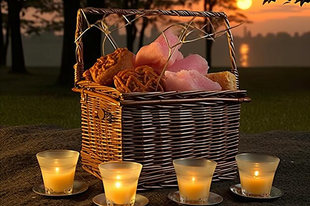 Romantyczne postacie zabawkowe piknik owocy w kształcie serca świece i romantyczna atmosfera w kolorze różowym lub niebieskim