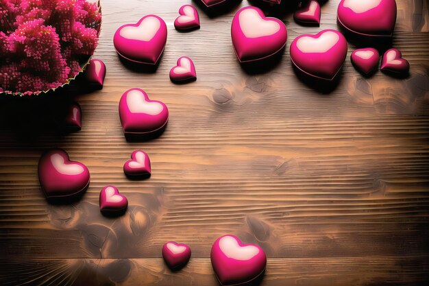 Romantyczne serca kochają tło na drewnianym stole z miejsca kopiowania reklamy tekstowej Generatywna ilustracja AI