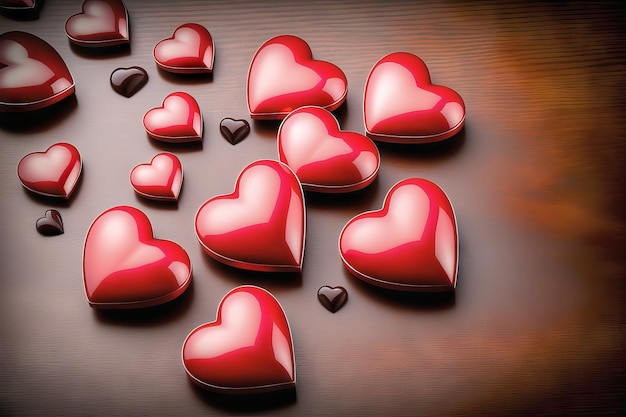 Romantyczne serca kochają tło na drewnianym stole z miejsca kopiowania reklamy tekstowej Generatywna ilustracja AI