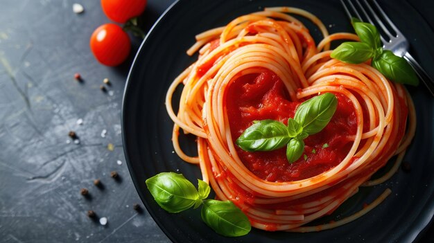 Romantyczne spaghetti w kształcie serca z sosem pomidorowym garnowanym bazylią na czarnym talerzu