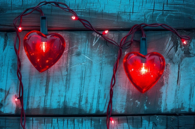 Zdjęcie romantyczne świąteczne światła w kształcie serca na drewnianym tle idealne do dekoracji na dzień walentynek