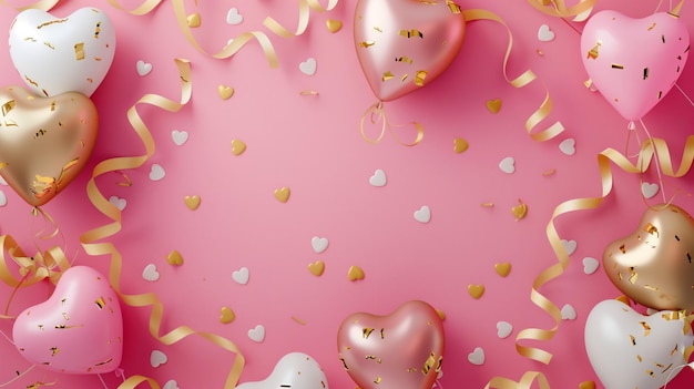 Romantyczne świąteczne tło z balonami w kształcie serca i złotymi konfetami