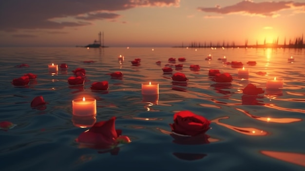 Romantyczne świece unoszące się na wodzie w morzu o zachodzie słońca generative ai