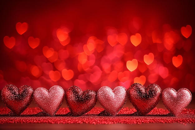 Zdjęcie romantyczne tło na dzień świętego walentynki z czerwonymi sercami i błyszczącymi