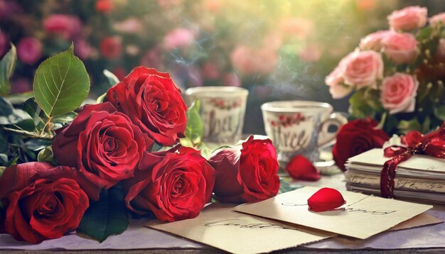 Romantyczne tło z czerwonymi różami, filiżanką kawy i starym listem.