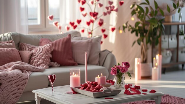 Zdjęcie romantyczne wnętrze salonu z kanapą i dekoracją na walentynki sesja fotograficzna w studiu