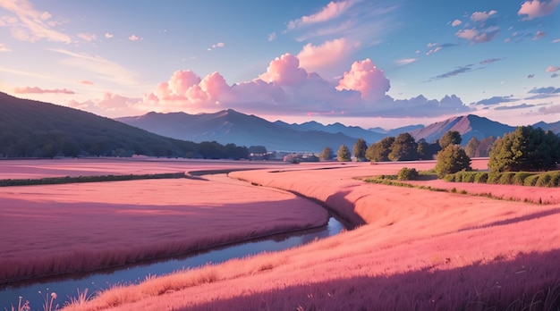Romantyczne wzgórze z różową trawą używane jako tapeta na pulpit
