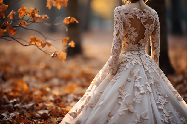 Romantyczne zbliżenie koronkowej sukni ślubnej panny młodej Generowane przez sztuczną inteligencję