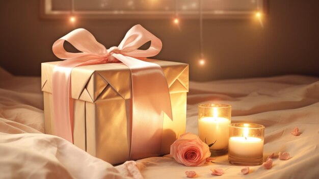 Romantyczne złoto pudełko podarunkowe i świece na miękkiej białej powierzchni ai stworzone